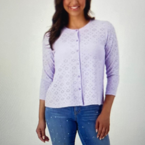 LOGO by Lori Goldstein Sweaters - LOGO by Lori Goldstein Stretch Eyelet Button Front Cardigan Lavender S New